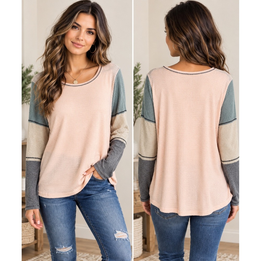 BIBI Waffle Knit Top Women XL Peach Colorblock Thermal PastelStreetwear Gorpcore